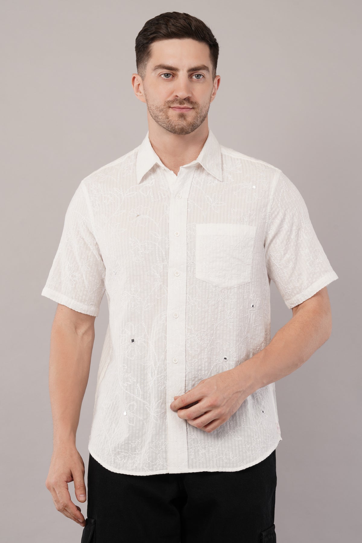 White Dobby Half Sleeve Shirt For Men