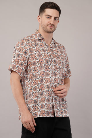 Brown Printed Half Sleeve Shirt For Men